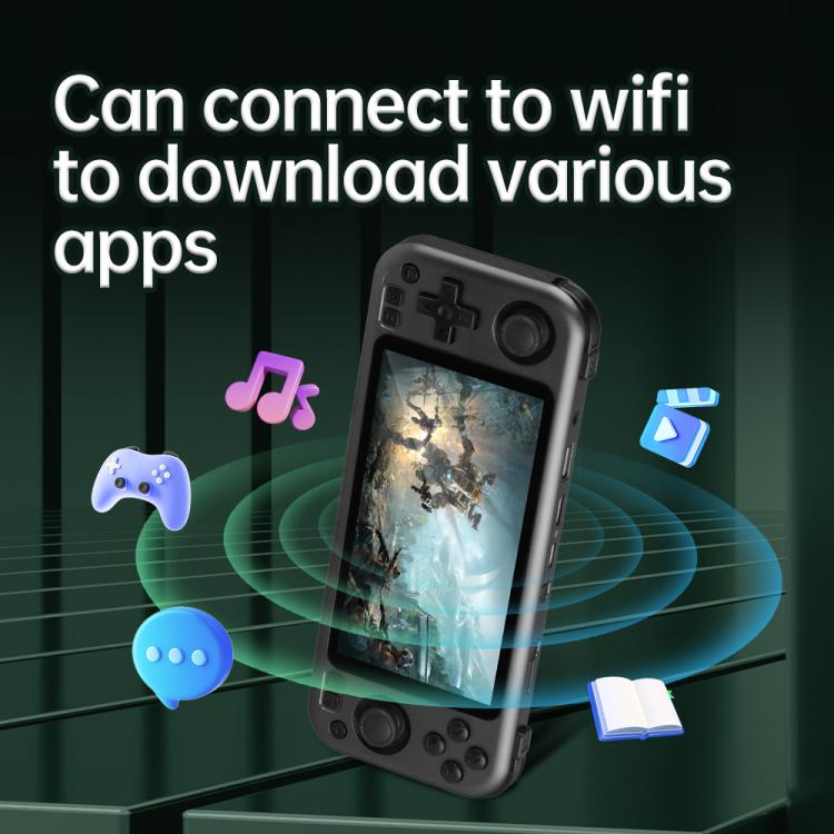 Handheld game console with app-style icons on screen and dark gray body