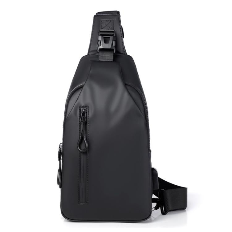 Black waterproof-style sling bag with top grab handle and zip front pocket.