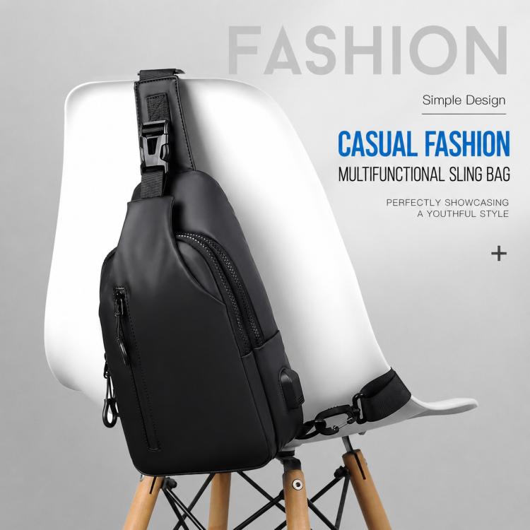 Black crossbody sling bag with adjustable strap and front zip compartments.