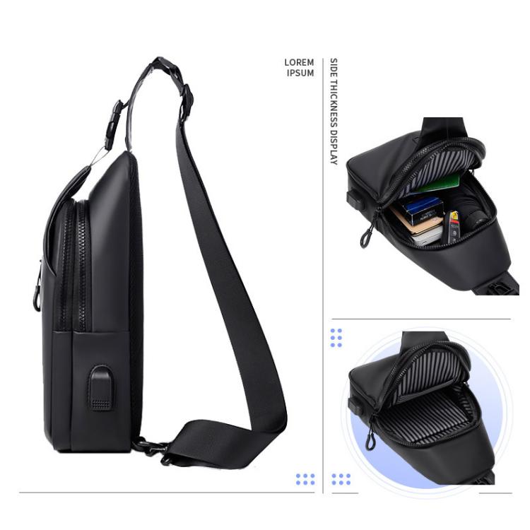 Black sling bag with wide strap; inset shows interior storage compartments.