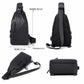 Black crossbody sling bag with size diagram (height, width, thickness) layout.