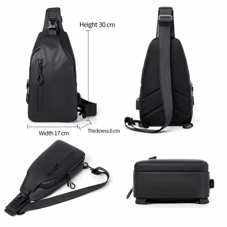 Black crossbody sling bag with size diagram (height, width, thickness) layout.