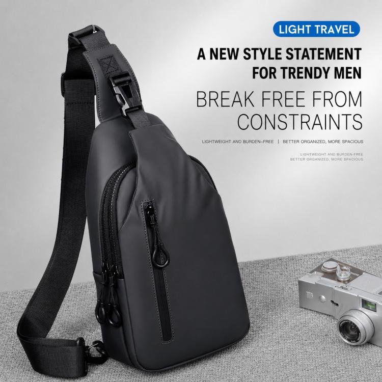 Black waterproof crossbody sling bag with adjustable shoulder strap and side zipper