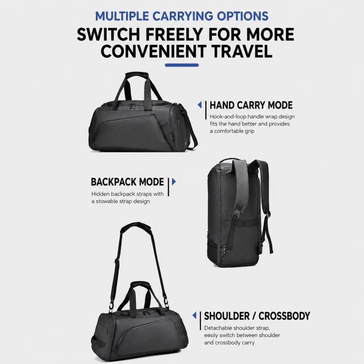 Large wet-dry separation fitness duffel crossbody bag, multiple carry modes, black.