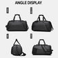 Black travel duffel bag with multiple carrying straps and zippered compartments