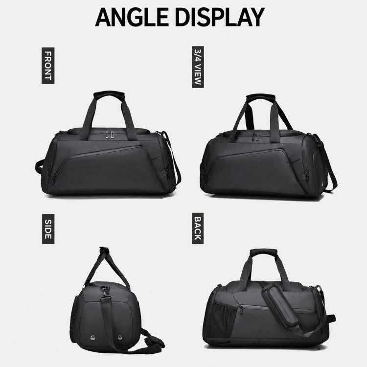 Black travel duffel bag with multiple carrying straps and zippered compartments