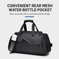 Black duffel bag with rear mesh water bottle pocket and front zip utility pocket