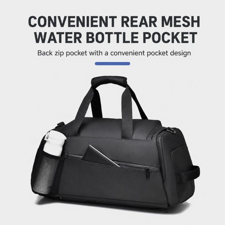 Black duffel bag with rear mesh water bottle pocket and front zip utility pocket