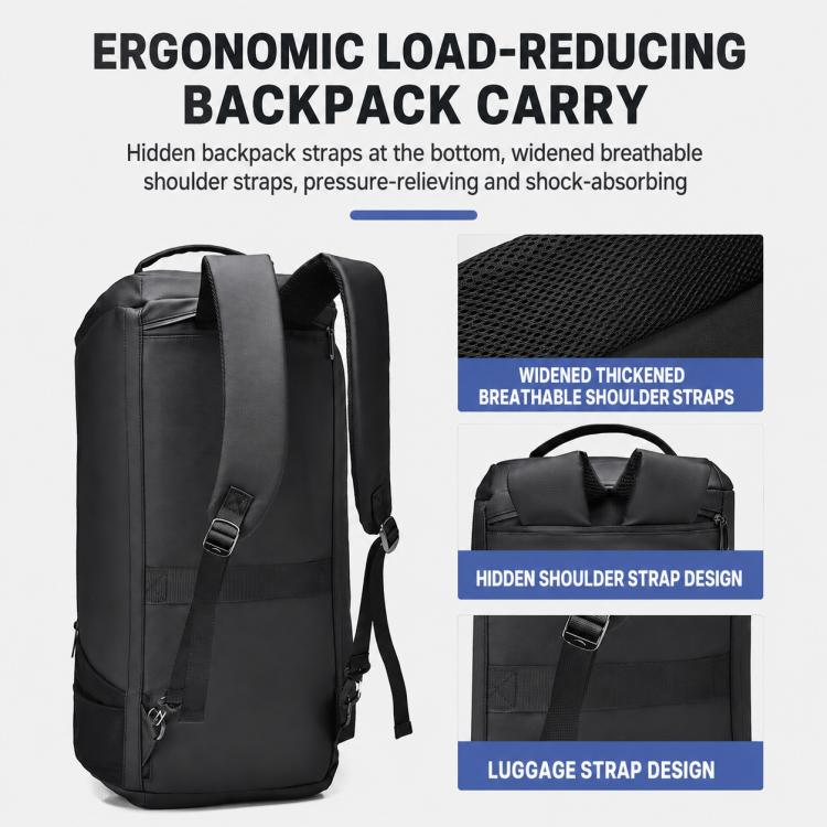 Black duffel bag with hidden backpack straps and padded, load-reducing shoulder support