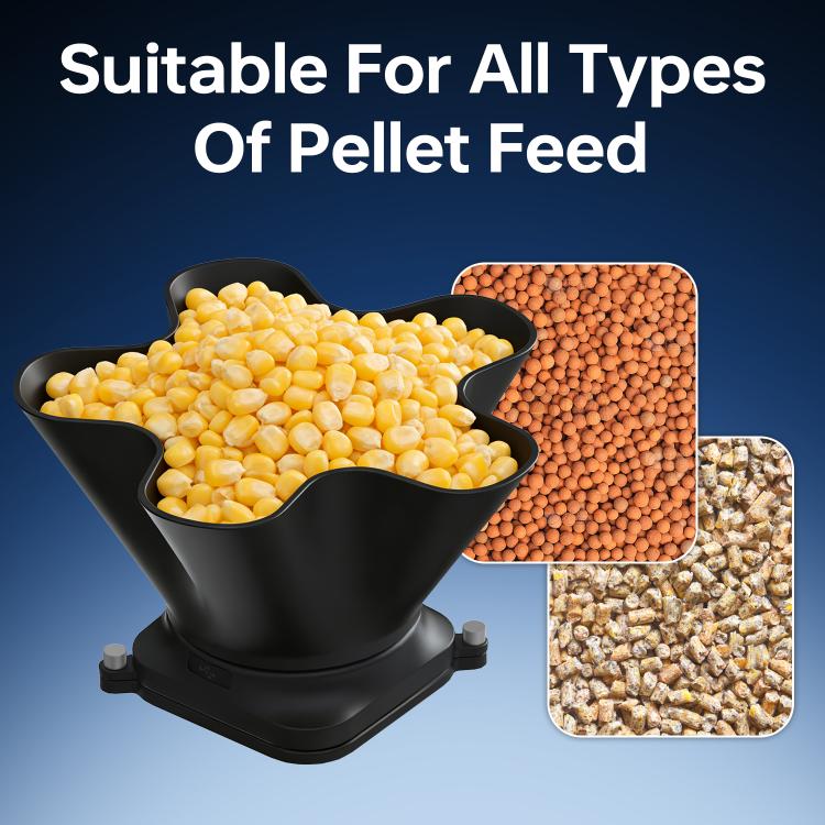 Black feed spreader funnel with yellow and orange pellet varieties