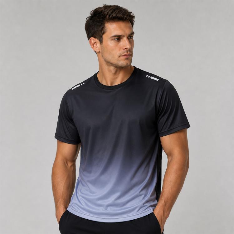 Men's running T-shirt, navy-to-light-blue ombre, short sleeves, crew neck