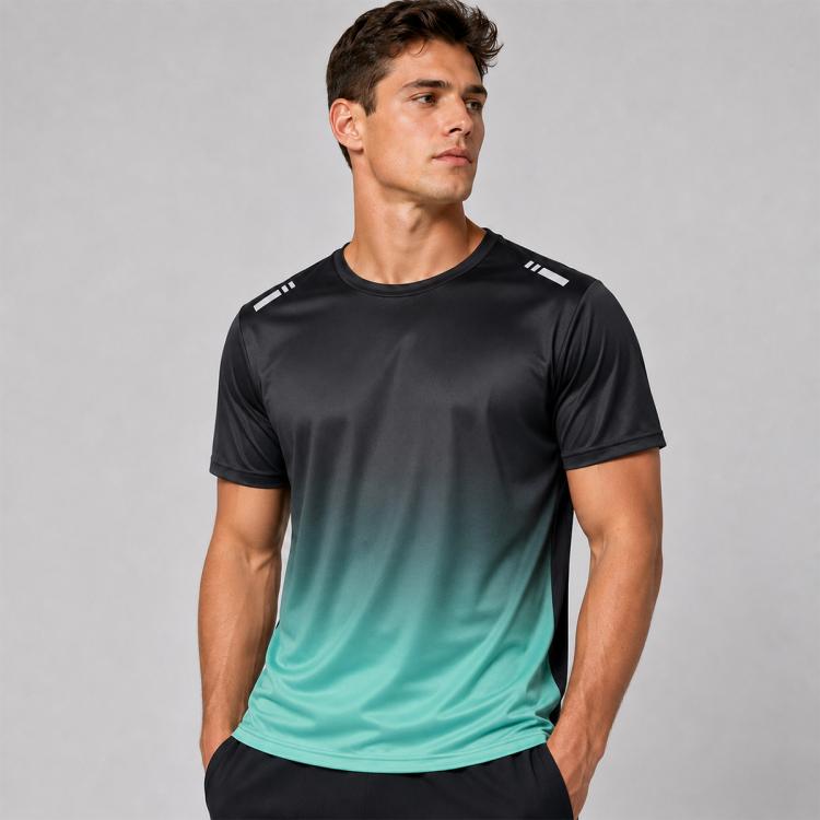 Men's running short-sleeve T-shirt, black-to-turquoise gradient, crew neck, athletic fit