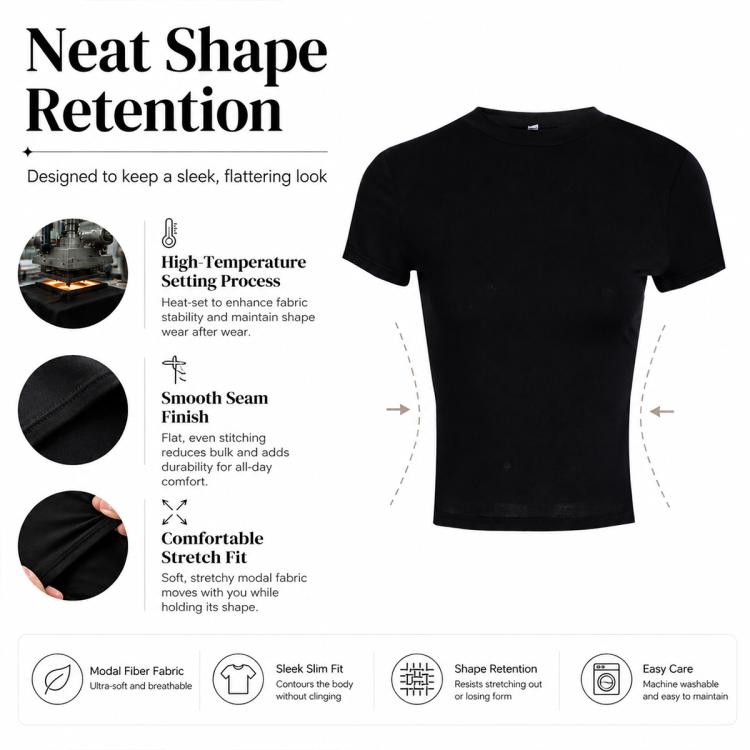 Black crew neck short-sleeve t-shirt with neat shape retention