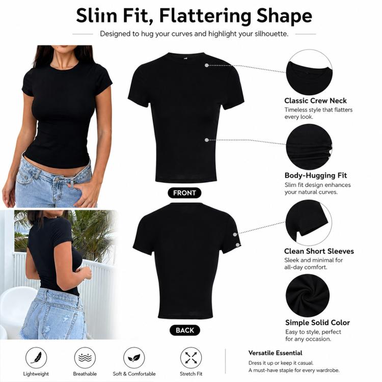 Fitted short-sleeve crew neck t-shirt in black, front and back views