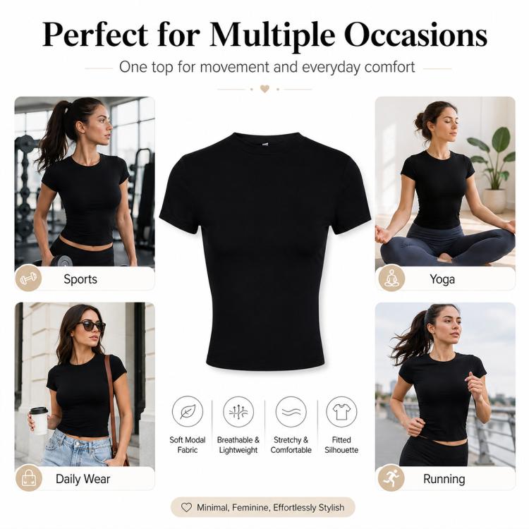 Black crew neck short-sleeve t-shirt centered on product-style collage