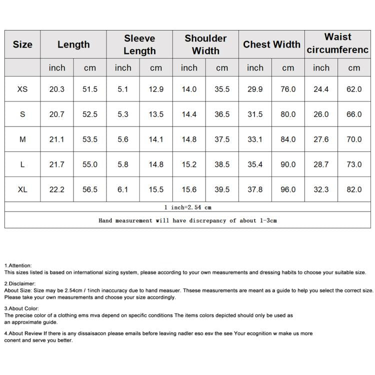 T-shirt size chart table listing length, sleeve, shoulder, chest, and waist measurements