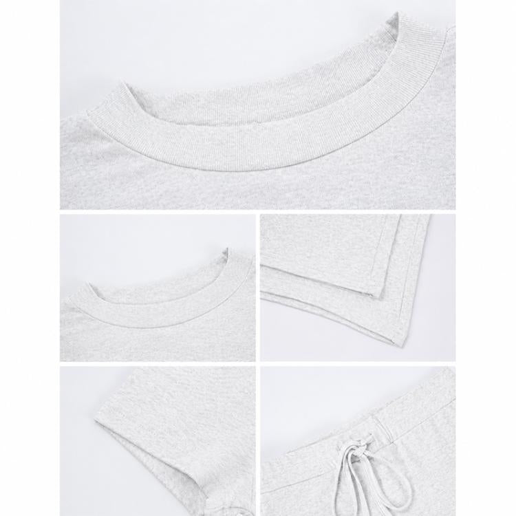 Heather gray knit set detail collage: crew neckline, cuffs, hems, and drawstring waist