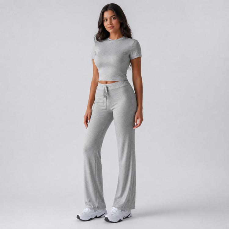 Women’s gray short-sleeve crop top and high-waist drawstring lounge pants set