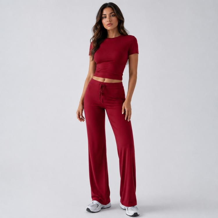 Women’s burgundy short-sleeve crop top and high-waist wide-leg pants set with drawstring