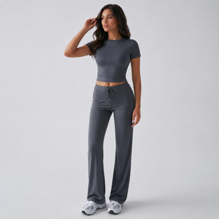 Dark gray short-sleeve crop top and drawstring wide-leg pants set for women, casual lounge wear