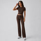 Women's short-sleeve crop top and drawstring wide-leg pants set, dark brown