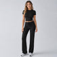 Women’s black fitted crop top and wide-leg pants set, short sleeves, drawstring waist