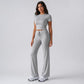 Women’s gray short-sleeve crop top and high-waist drawstring lounge pants set