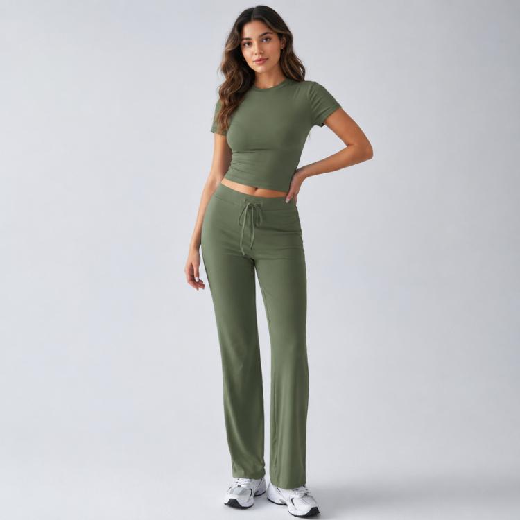 Women’s olive green short-sleeve top and drawstring wide-leg pants set, two-piece