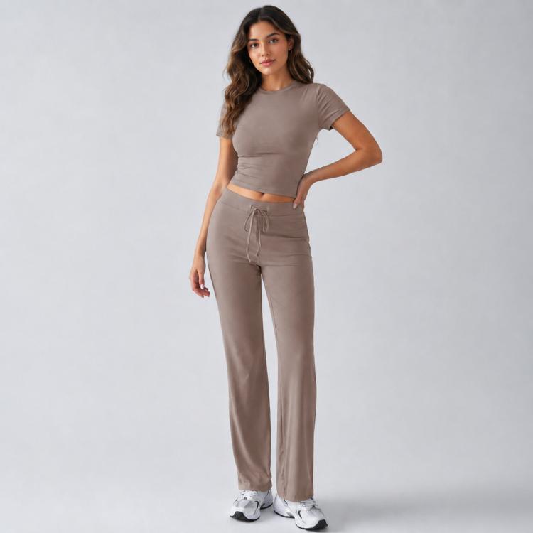 Taupe short-sleeve crop top with drawstring wide-leg pants, women’s casual set
