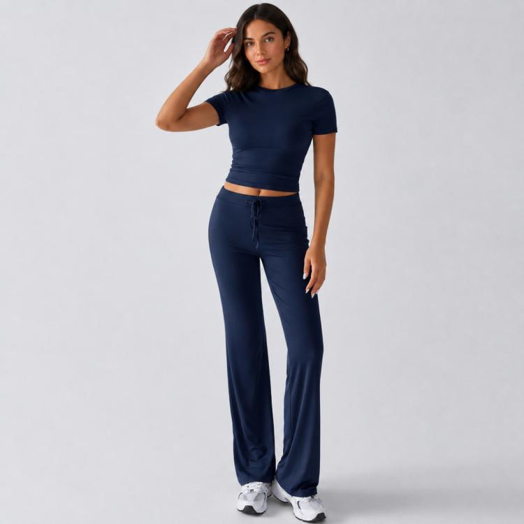 Women’s navy short-sleeve crop top and wide-leg pants set with drawstring waist
