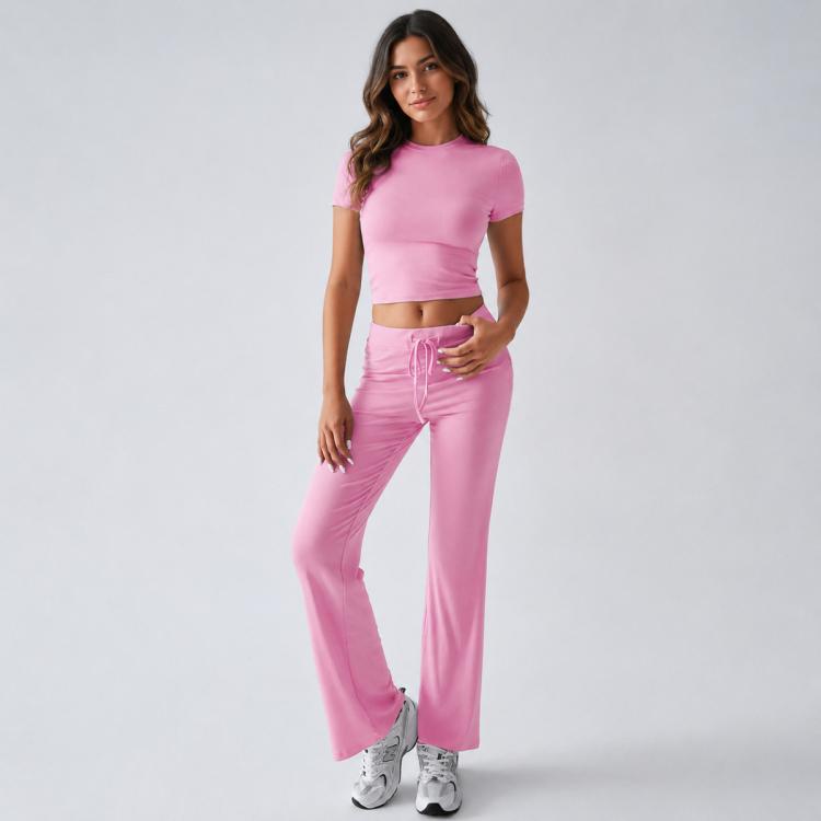 Women’s light pink crew-neck crop top and wide-leg pants set, drawstring waist
