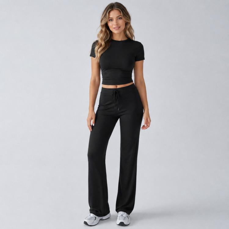 Women’s black short-sleeve crop top with matching wide-leg pants, drawstring waist
