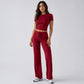 Women’s burgundy short-sleeve crop top and drawstring wide-leg pants set, full-length fit