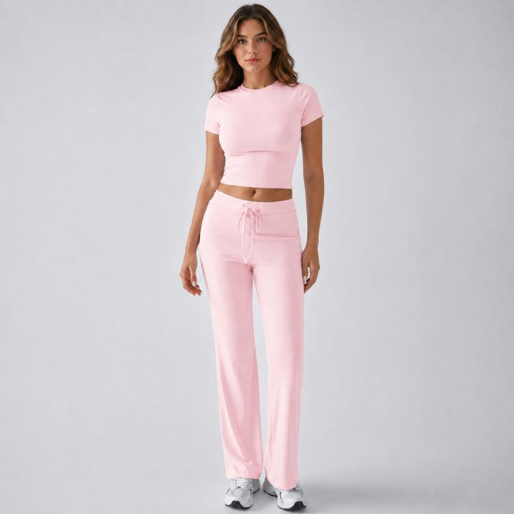 Pink short-sleeve crop top and drawstring wide-leg pants set for women, casual lounge wear