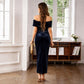 Back view one-shoulder velvet dress, dark navy, fitted midi with back drape and side slit