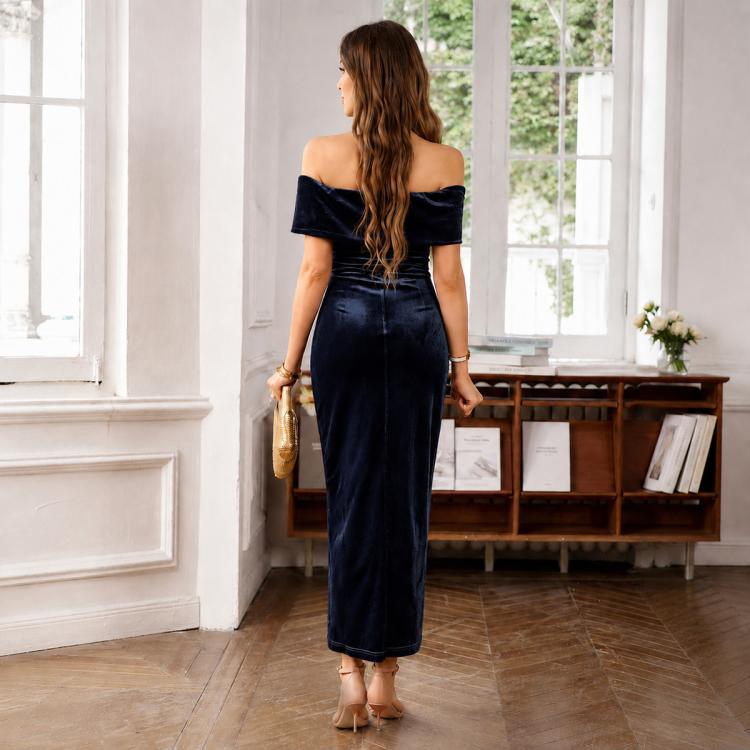 Back view one-shoulder velvet dress, dark navy, fitted midi with back drape and side slit
