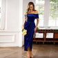 One-shoulder velvet slim-fit dress, royal blue, fitted bodice and draped side slit