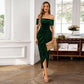 One-shoulder velvet slim-fit dress, dark green, fitted waist, long skirt, side slit