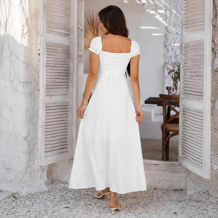 Back view of white square-neck bubble-sleeve French midi dress with puff sleeves