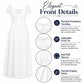 White dress front details: ruched sweetheart neckline, adjustable front tie, puff sleeves