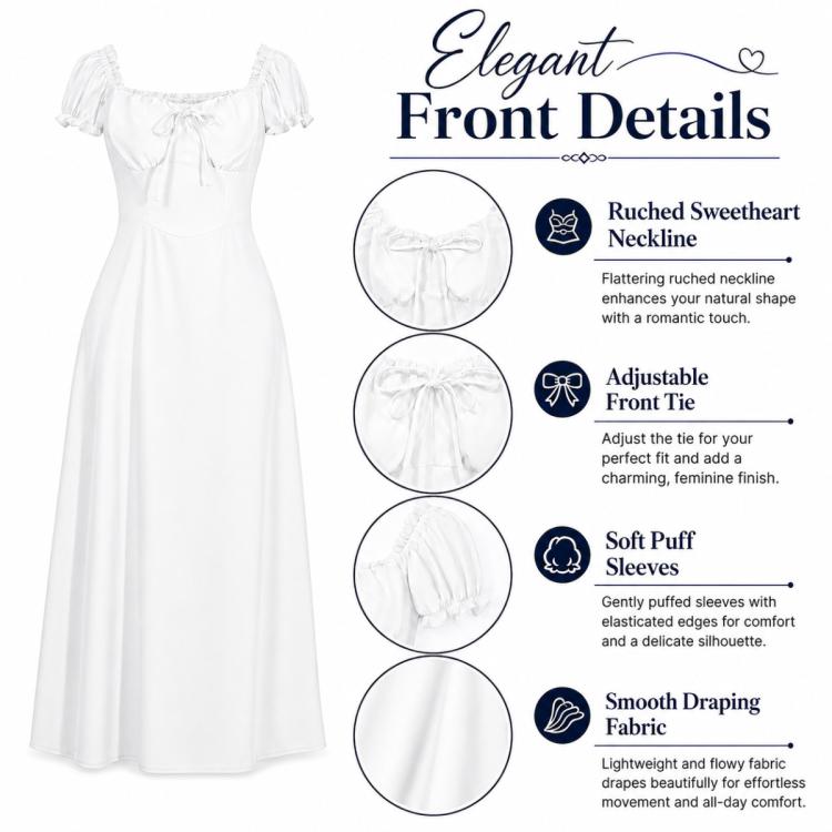White dress front details: ruched sweetheart neckline, adjustable front tie, puff sleeves