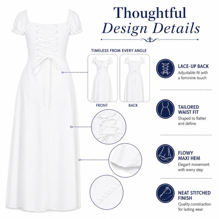 White dress design details: lace-up back, tailored waist fit, flowy hem, neat stitching