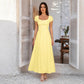 Women's pale yellow square-neck maxi dress with bubble sleeves and gathered bodice