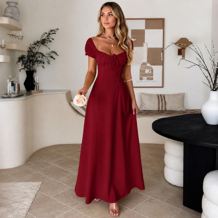 Women’s wine-red long French dress with short bubble sleeves and square neckline