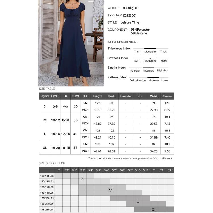 Dark navy maxi dress with square neckline, short puff sleeves, fitted waist, flared skirt