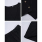 Women's black vest and shorts set details: V-neck, button placket, elastic waist