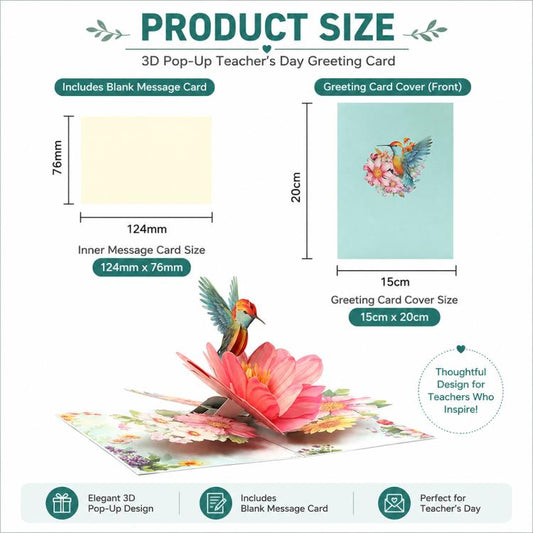 TeacherS Day 3D Paper-Cut Greeting Card, Hummingbird Flower, Green Hummingbird, Flowers and Butterflies