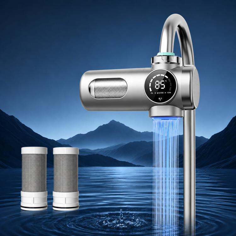 Smart water purifier faucet with two detachable filter cartridges and blue water flow