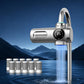 Smart water purifier faucet with lineup of detachable filter cartridges and blue water flow