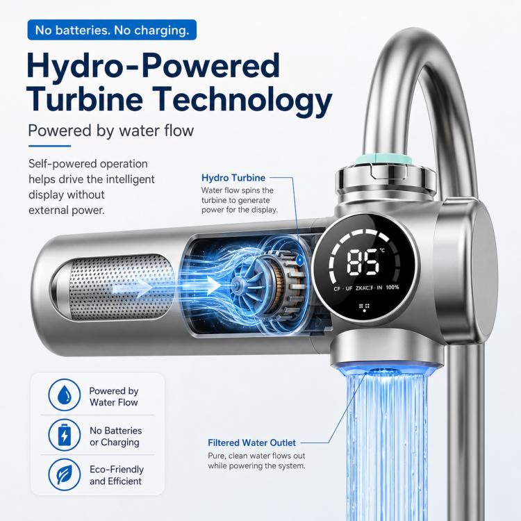 Hydro-powered smart water purifier faucet with visible turbine core and blue water outlet